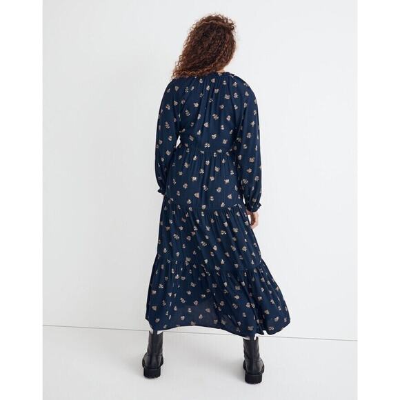 Madewell Challis Midi Dress Women's Small Navy Floral V-Neck Ruffle Flowy B95 - Picture 2 of 8
